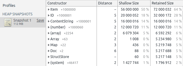 Screenshot of the memory inspector when creating one million items